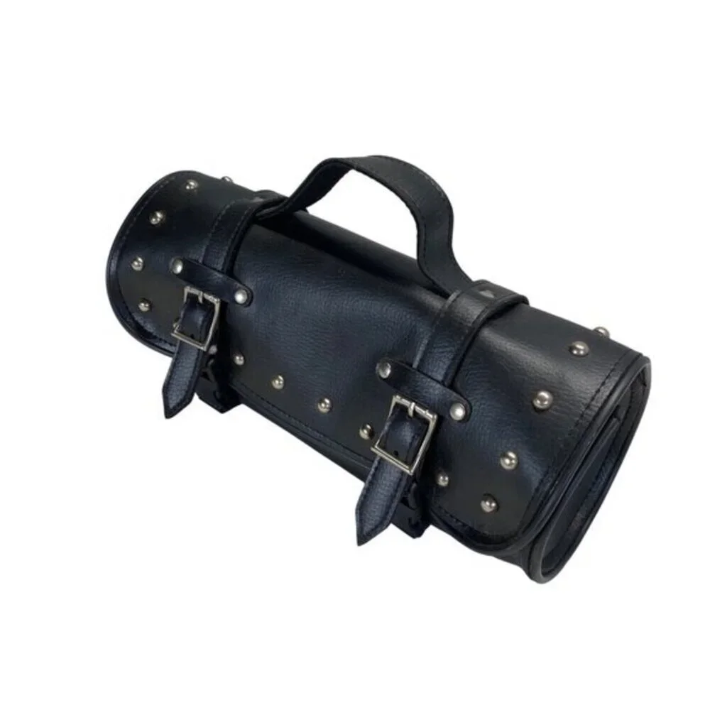 Black Leather Studded Motorcycle Handlebar Tool Bag With Buckle Straps